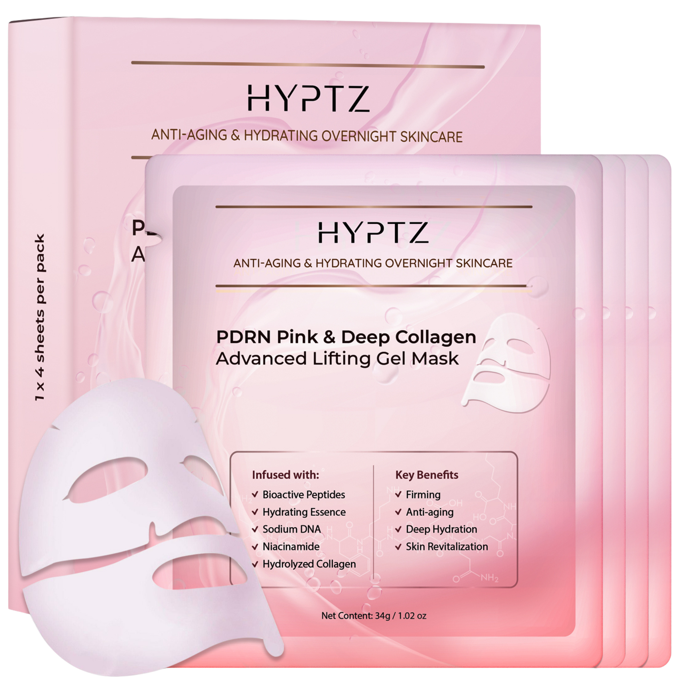 Salmon DNA PDRN Collagen Face Mask (4 PCS) – Korean Skincare Hydrogel Overnight Collagen Face Mask for Glass Skin – 4 Jelly Masks for Women and Men