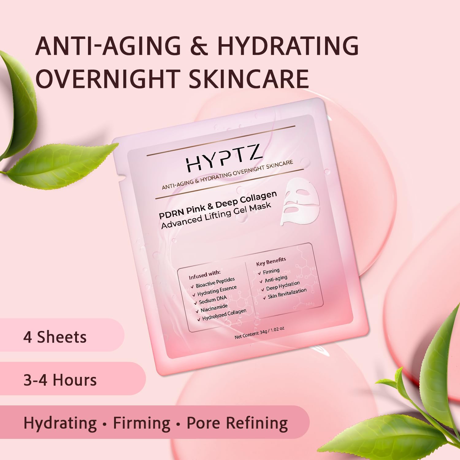 Salmon DNA PDRN Collagen Face Mask (4 PCS) – Korean Skincare Hydrogel Overnight Collagen Face Mask for Glass Skin – 4 Jelly Masks for Women and Men